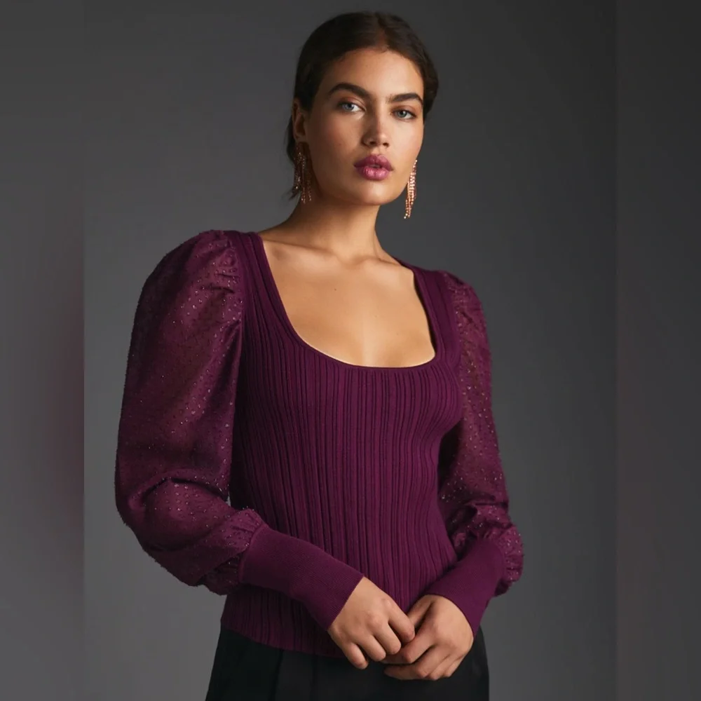 Anthropologie Purple Puff-Sleeve Shimmer Sweater Small - Picture 1 of 8